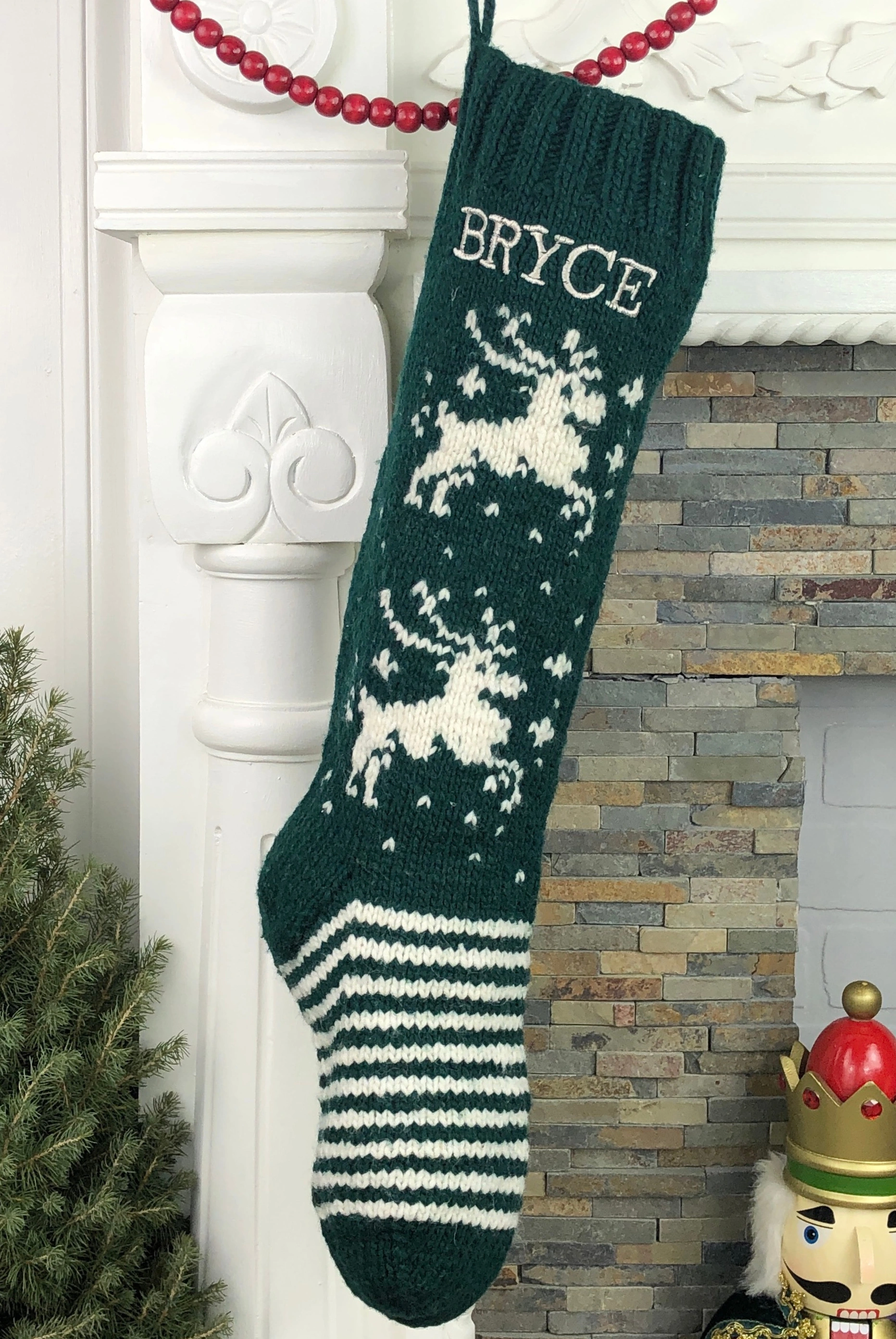 Personalized Reindeer Stocking: Festive Green & White Cheer!